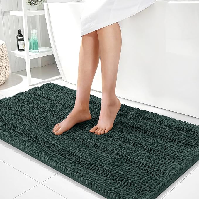 OLANLY Thick Bathroom Runner Rugs 44x24, Chenille Bath Rugs, Blackish Green | Absorbent Striped, Rubber Backing, Machine Wash, Long Bath Mats for Bathroom Floor, Tub and Shower, Home Decor Accessories