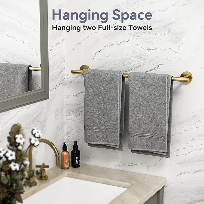 Gold Bathroom Accessories 5 Piece, 24 Inch Bath Hardware | Wall Mounted Brushed Gold Towel Rack, Durable SUS304 Stainless Steel Towel Bar Set