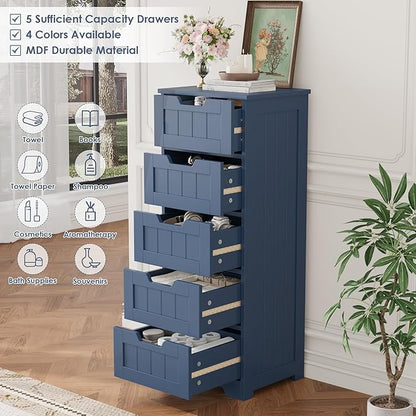 FOTOSOK Bathroom Cabinet, Bathroom Storage Cabinet with 5 Drawers, Blue | Narrow Bathroom Storage with Cut-Out Handles, 11.8” x 15.7” x 40.1”, Slim & Small Floor Cabinet for Laundry/Hallway