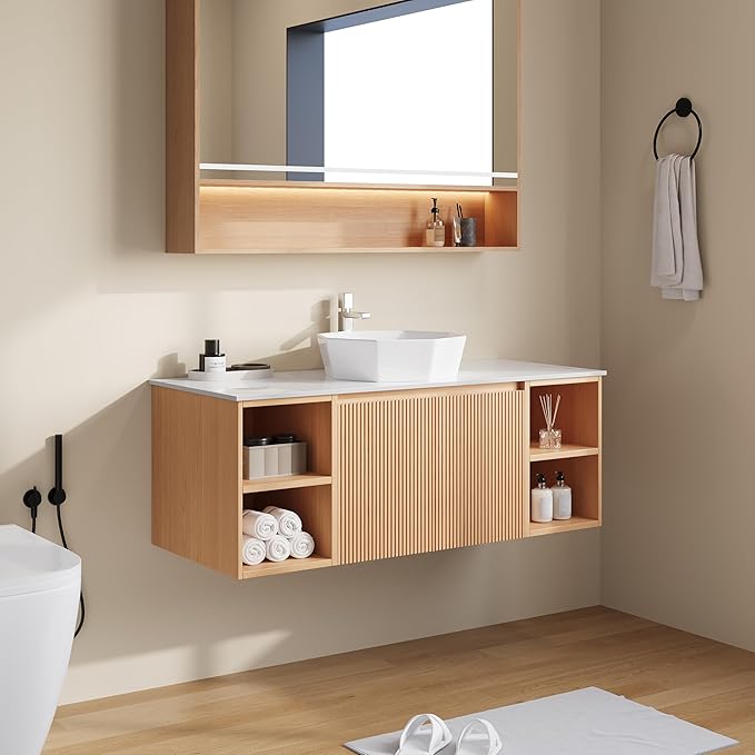 48" Floating Bathroom Vanity with Sink, Modern Vanity Cabinet with Sintered Stone Countertop, Wall Mount Bathroom Sink with Storage, Ceramic Basin, Light Wood (Polygon)