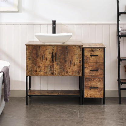UEV 42" Rustic Brown Bathroom Vanity with Sink Combo,Industrial Iron Frame Bathroom Cabinet Sets with 3 Drawers Side Cabinet,Modern Artistic Ceramic Vessel Sink(032WH)