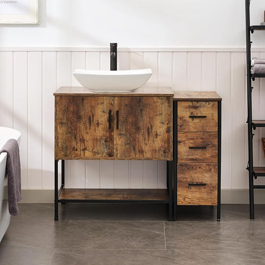 UEV 42" Rustic Brown Bathroom Vanity with Sink Combo,Industrial Iron Frame Bathroom Cabinet Sets with 3 Drawers Side Cabinet,Modern Artistic Ceramic Vessel Sink(032WH)