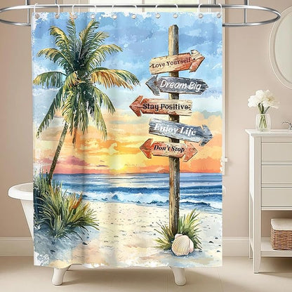 Beach Luxury Coastal Shower Curtain Tropical Aesthetic Palm Tree Summer Sun | Inspirational Shower Curtains for Bathroom, Waterproof Bath Curtain with Hooks Machine Washable Bathtub Curtains 60x72 Inch
