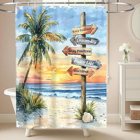 Beach Luxury Coastal Shower Curtain Tropical Aesthetic Palm Tree Summer Sun | Inspirational Shower Curtains for Bathroom, Waterproof Bath Curtain with Hooks Machine Washable Bathtub Curtains 60x72 Inch