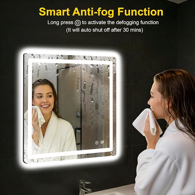 LED Bathroom Mirror with Lights, 30"x30" Lighted Vanity Mirror for Wall | Anti-Fog, Dimmable 3 Color Light, Backlit+Frontlit, Shatterproof Tempered Glass, Memory Function