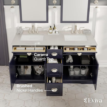 Eviva Epic 60 in. Charcoal Gray Double Sink Bathroom Vanity with White Carrara Quartz Countertop