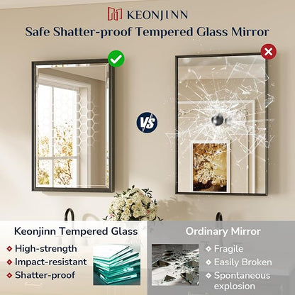 Keonjinn 55" x 36" Black Framed Bathroom Mirror, Safe HD Tempered Glass | Aluminum Alloy Frame Square Corner, Secure French Cleat, Modern Farmhouse Style, Large Black Bathroom Mirrors for Over Sink