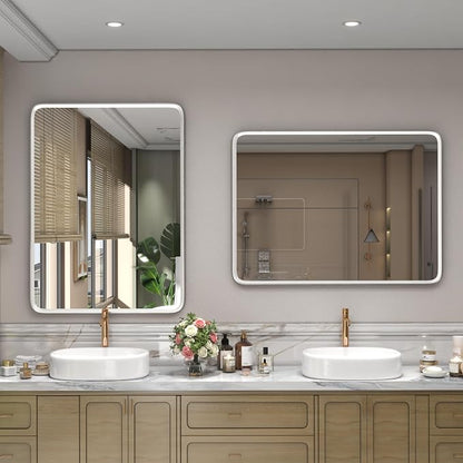 24x32 Silver Bathroom Mirror, Silver Vanity Mirror for Wall, Rounded Rectangle Mirror with Beveled Border, Anti-Rust, Polished, Shatterproof (Horizontal/Vertical) | Silver Metal Framed Mirror, Rounded Rectangle, Beveled Border, Anti-Rust, Painted, Shat...