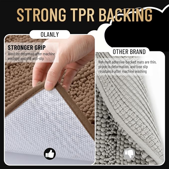 OLANLY Thick Small Bathroom Rugs 24x16, Soft Chenille Bath Rugs, Mocha | Rubber Backing, Machine Wash, Extra Absorbent Striped Bath Mats for Bathroom Floor, Tub and Shower, Home Decor Accessories