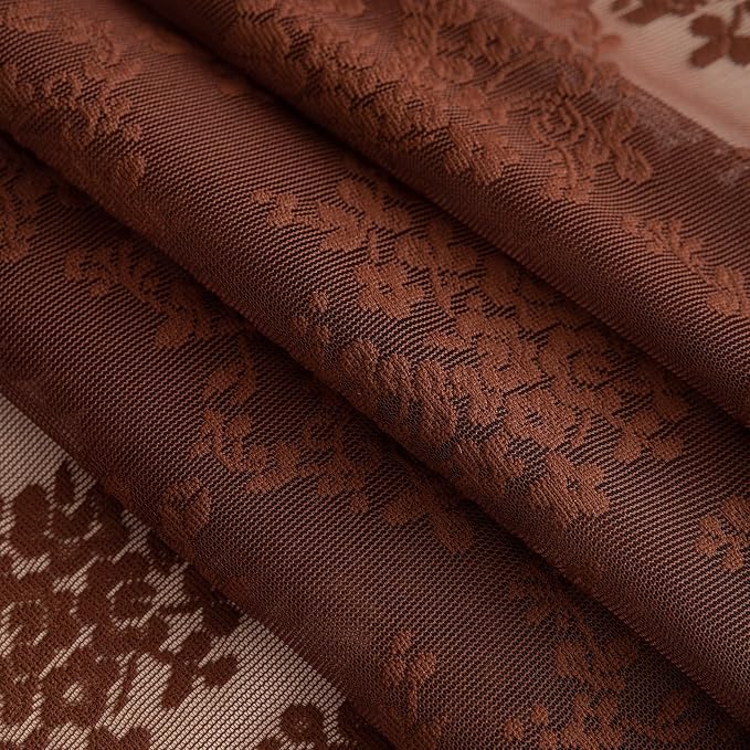 TUDECO Extra Long Brown Lace Shower Curtain for Bathroom, 72W x 84L Inch | Dark Chocolate Brown, Cottagecore Floral, Attached Valance, Autumn Cozy Decor, Scalloped Edges, Reinforced Holes