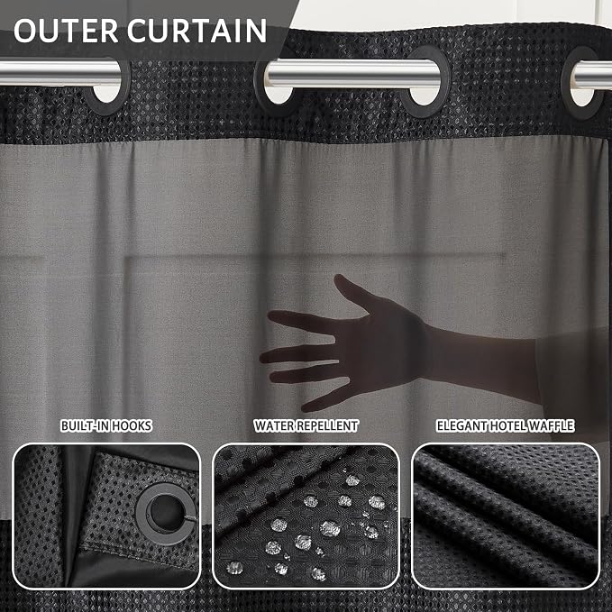 Furlinic No Hook Waffle Weave Shower Curtain with Snap in Liner Set,Heavy Duty Fabric Textured Bathroom Curtain with Sheer Window,Waterproof & Machine Washable,Black,Stall Size 36x72 Inch