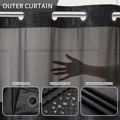 Furlinic No Hook Waffle Weave Shower Curtain with Snap in Liner Set,Heavy Duty Fabric Textured Bathroom Curtain with Sheer Window,Waterproof & Machine Washable,Black,Stall Size 54x80 Inch