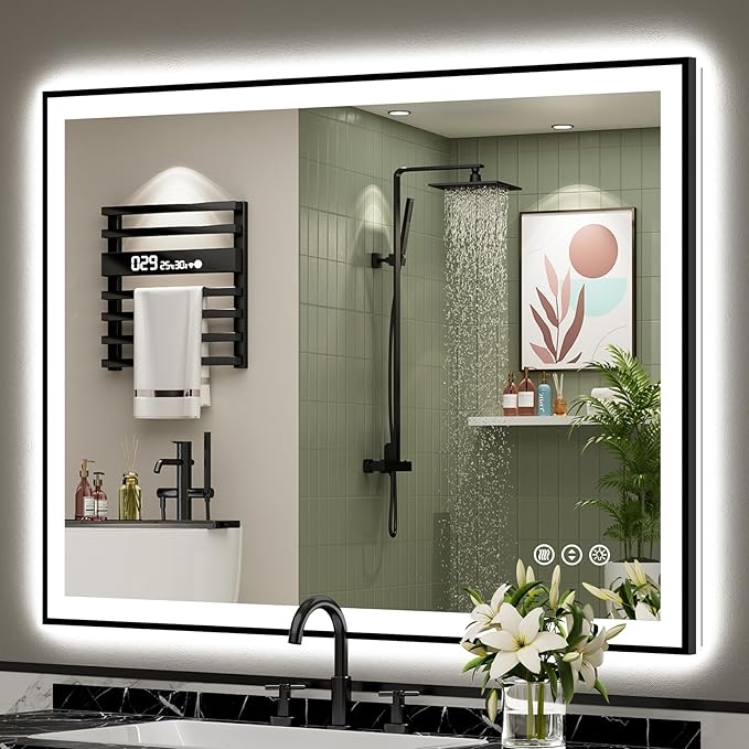 48x38 Black Framed LED Bathroom Mirror with Lights, Backlit and Front Lit Anti-Fog Lighted Vanity Mirrors for Bathroom Wall, Dimmable, 3 Colors, Memory, HD Tempered Glass, Horizontal/Vertical