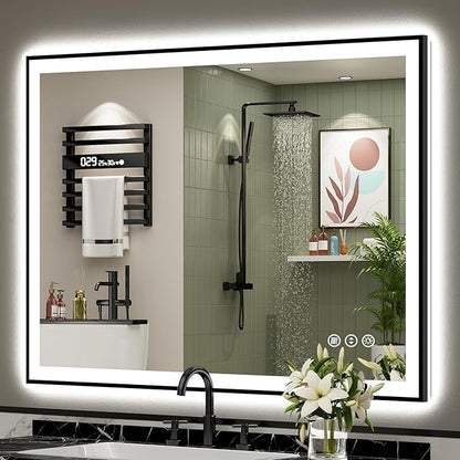 48x38 Black Framed LED Bathroom Mirror with Lights, Backlit and Front Lit Anti-Fog Lighted Vanity Mirrors for Bathroom Wall, Dimmable, 3 Colors, Memory, HD Tempered Glass, Horizontal/Vertical