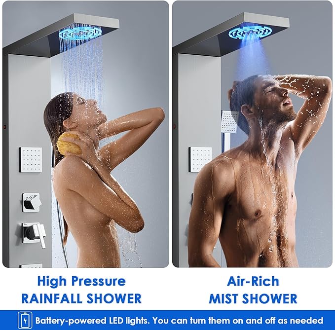 ROVOGO Shower Panel Tower System with Led Lights, 2-Setting Shower Head, Body Jets, Handheld and Tub Spout, Stainless Steel Shower Column with Mixer Valve, 46.5", Brushed