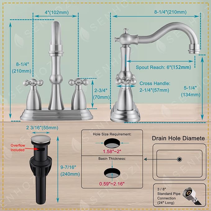Brushed Nickel Bathroom Faucet, 4 Inch Antique Bathroom Faucet | with Pop up Drain, Stainless Steel, Cross Handles, 4 Inch Centerset