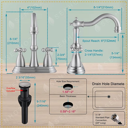 Brushed Nickel Bathroom Faucet, 4 Inch Antique Bathroom Faucet | with Pop up Drain, Stainless Steel, Cross Handles, 4 Inch Centerset