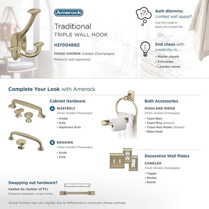 Amerock H37004BBZ | Vicinity Triple Prong Decorative Wall Hook | Golden Champagne Hook for Coats, Hats, Backpacks, Bags | Hooks for Bathroom, Bedroom, Closet, Entryway, Laundry Room, Office