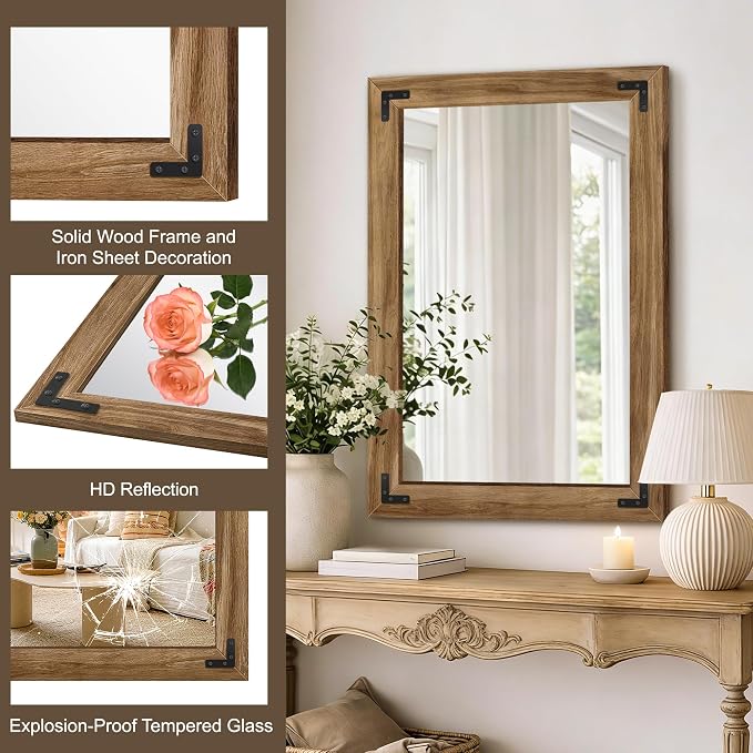AMOISE Farmhouse Bathroom Vanity Mirror 38"x26" Vintage Rustic Wall Mirror | Wood Frame, Over Sink Mirror for Bathroom, Entryway, Bedroom, Living Room, Vertical or Horizontal Hanging