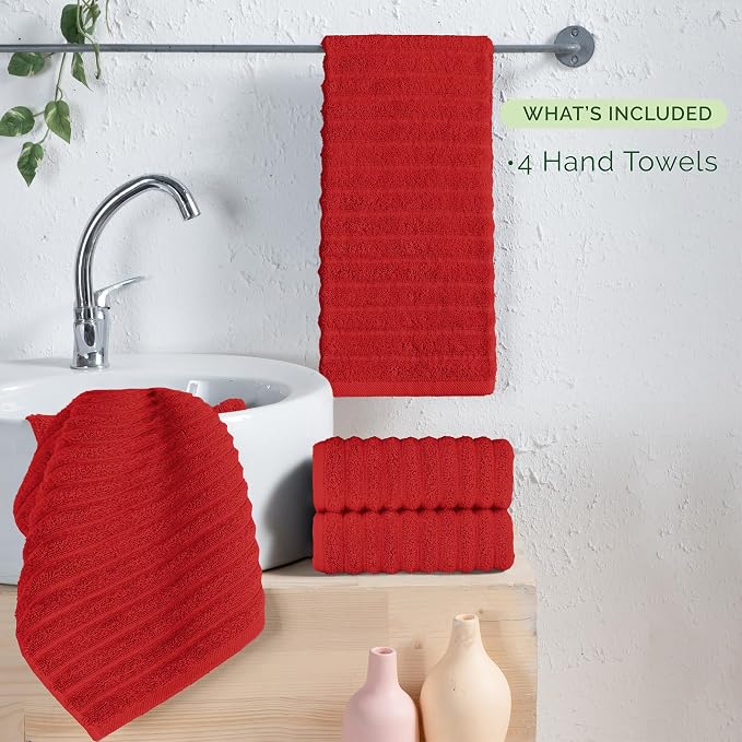 Elegant Comfort Luxury 100% Turkish Cotton Corduroy Ribbed 4 Pack Hand Towel Set 16 x 28 Inch - Absorbent, Super Soft, Quick Dry, Premium Towels for Bathroom, Gym, Spa and Hotel Use, Red