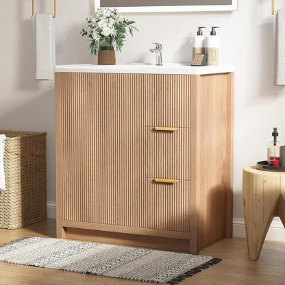 Bathroom Vanity with Sink, 32 Inch Single Bathroom Vanity with Sink with Storage Cabinet, 2 Drawers & 2 Doors, Solid Wood Storage Cabinet with Ceramic Basin for Bathroom, Nature Oak
