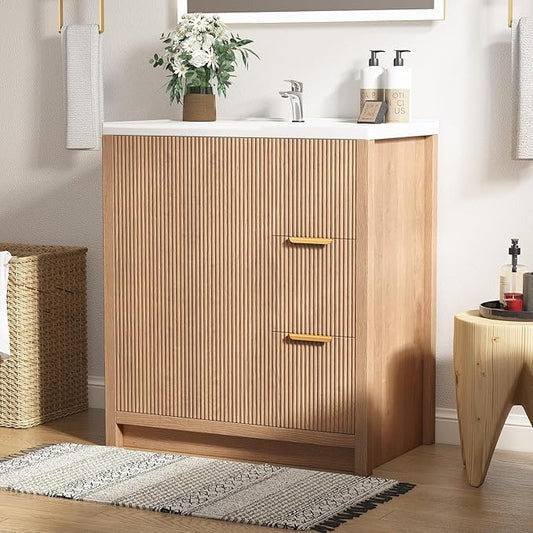 32" Bathroom Vanity with Sink, Free Standing Single Vanity Set with 2 Drawers & 2 Doors, Solid Wood Storage Cabinet with Ceramic Basin for Bathroom, Nature Oak