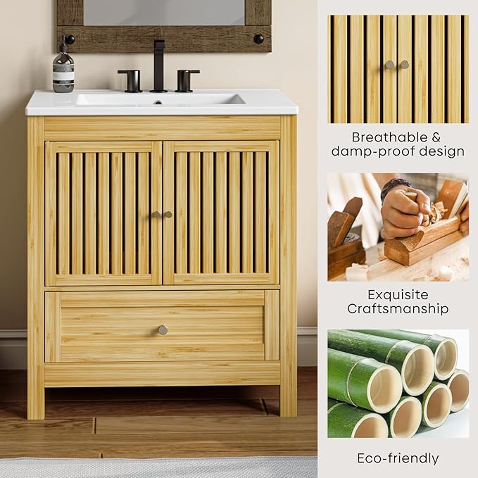 30" Bathroom Vanity with Single Sink, Solid Wooden Free Standing Bathroom Cabinet, Farmhouse Bamboo Storage Cabinet with Large Drawer, Soft-Closing Louvered Doors with Built-in Shelves