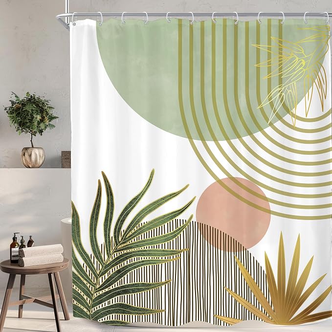 Mid Century Boho Abstract Green Modern Red Bathroom Shower Curtain Set | 60Wx72H Sun Arch design, waterproof HD print with fast-drying fabric and 12 hooks.