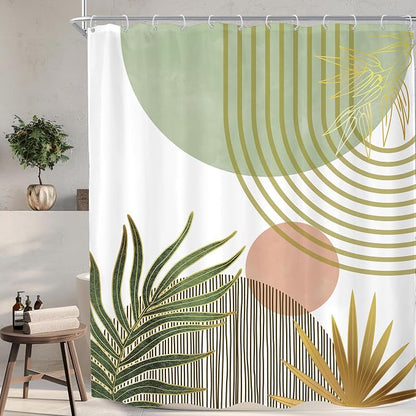 Mid Century Boho Abstract Green Modern Red Bathroom Shower Curtain Set | 60Wx72H Sun Arch design, waterproof HD print with fast-drying fabric and 12 hooks.