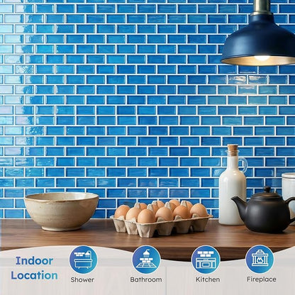 Pool Glass Mosaic Tiles, Iridescent Blue, 1x2 Inch Brick, 5 Sheets | Glass Linear Tile for Swimming Pool, Kitchen Backsplash, Shower, Bathroom Wall, Waterline, Fountain