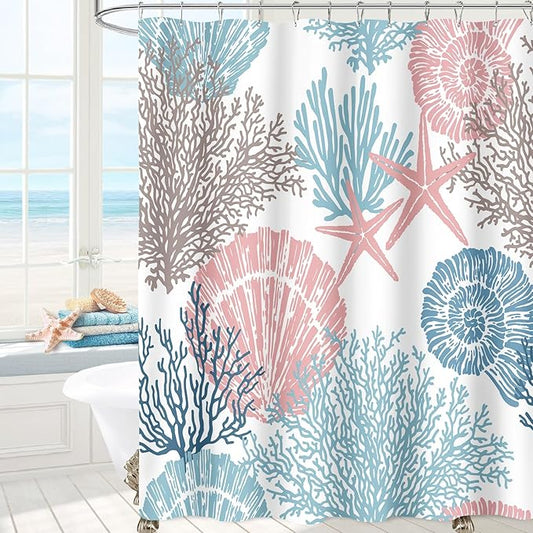 Extra Long Shower Curtain 72 x 96 Inch, Floor to Ceiling X-Long Tall Blue Pink Nautical Coastal, Seashell Starfish Coral Beach Ocean Themed for Bathroom Decor