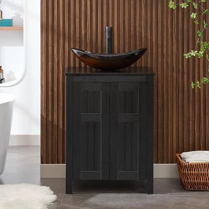 UEV Black 24" Bathroom Vanity with Sink Combo,Modern Sink Cabinet,Stylish Bathroom Vanity Cabinet,Fluted Double Doors,Metal Handles,Modern Brown Boat Tempered Glass Vessel Sink (029BR-NEW)