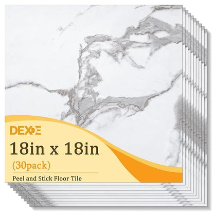 DEXDE Peel and Stick Floor Tile 18x18 Marble Vinyl Flooring Waterproof 30PC | Floor Tiles Peel and Stick Waterproof, Self Adhesive Floor Tiles, Sticky Floor Tiles Bathroom Floor Tiles 1.5FTx1.5FT White