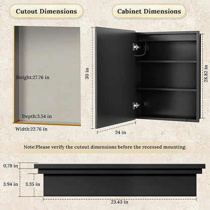 24"X30" Bathroom Medicine Cabinet with Mirror, LED Lighted Medicine Cabinet with Anti-Fog, 3 Colors Temperature Stepless Dimmable, Metal Cabinet for Storage and Mordern Decor, Black