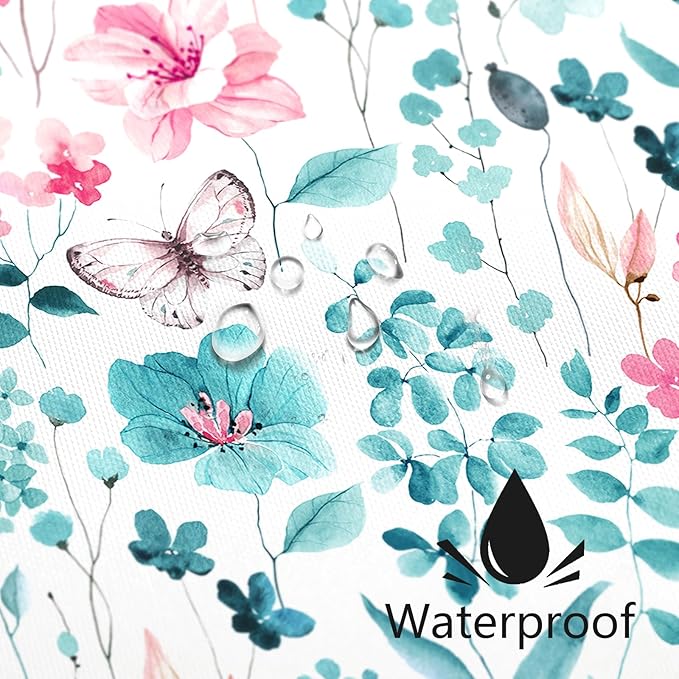 Teal Pink Floral Shower Curtain, Cute Flower Fabric Shower Curtains for Bathroom, Watercolor Wildflower Butterfly Cloth Shower Curtain Set with Hooks, 72x72