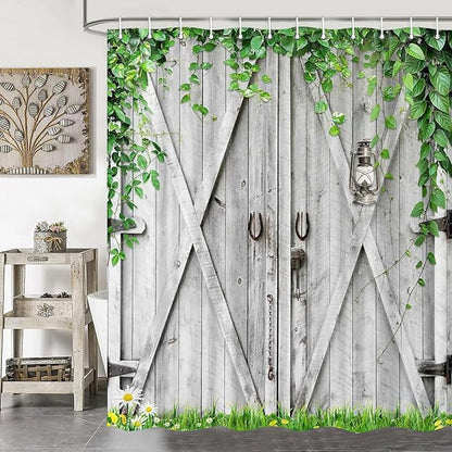 Rustic Wooden Board Barn Door Shower Curtain Sets for Bathroom, Vintage Farmhouse Wooden Theme Plank Green Leaves Bath Curtain, Fabric Grass and Flowers Spring Decoration Curtains with Hooks 72X84IN