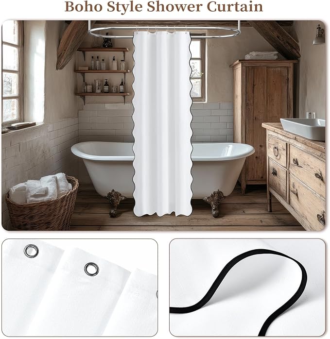 BTTN Stall Boho Scalloped Linen Textured Cloth Shower Curtain, 36x72, White | Half Size, 230GSM Waterproof Polyester, Heavy Duty Fabric, 6 Plastic Hooks, Elegant Modern Farmhouse Style, Machine Washable
