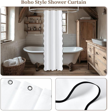 BTTN Stall Boho Scalloped Linen Textured Cloth Shower Curtain, 36x72, White | Half Size, 230GSM Waterproof Polyester, Heavy Duty Fabric, 6 Plastic Hooks, Elegant Modern Farmhouse Style, Machine Washable