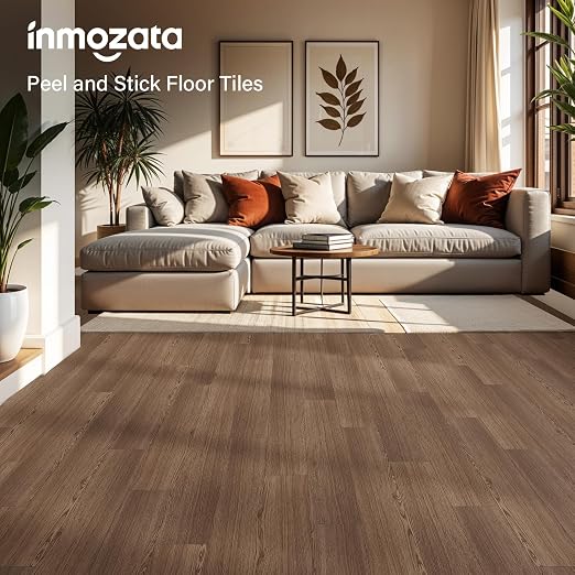 INMOZATA 36 Pack Peel and Stick Floor Tile Waterproof Vinyl Plank Flooring | 54 Sq.Ft, Heat-resistant, Wood Grain Self Adhesive Flooring for DIY Bedroom Living Room Bathroom Kitchen (Smoke Oak)