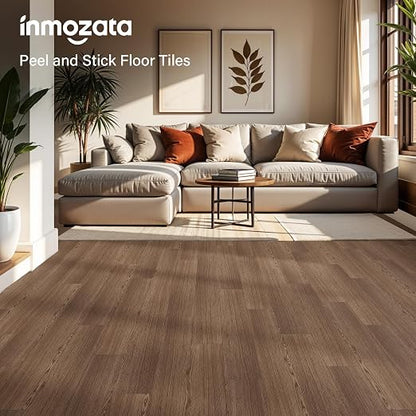 INMOZATA 36 Pack Peel and Stick Floor Tile Waterproof Vinyl Plank Flooring | 54 Sq.Ft, Heat-resistant, Wood Grain Self Adhesive Flooring for DIY Bedroom Living Room Bathroom Kitchen (Smoke Oak)