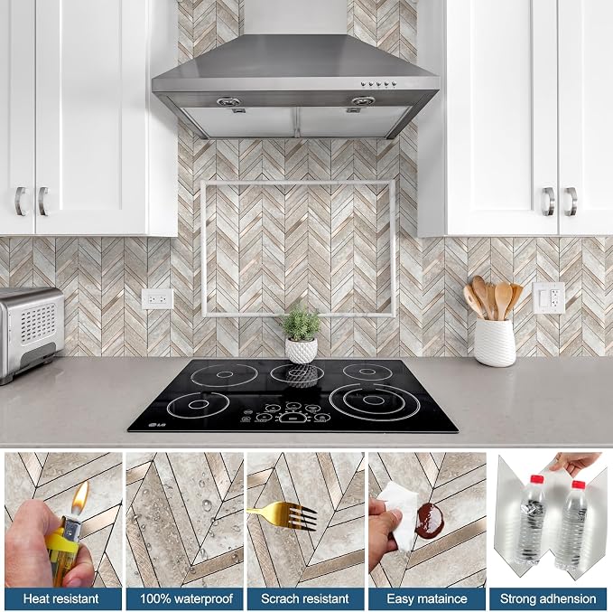Yipscazo 10-Sheet Beige Slate Herringbone Peel and Stick Backsplash for Kitchen Walls,Heat Resistant PVC Mixed Metal Stick on Backsplash Tiles,Waterproof Peel and Stick Tile for Bathroom&Shower