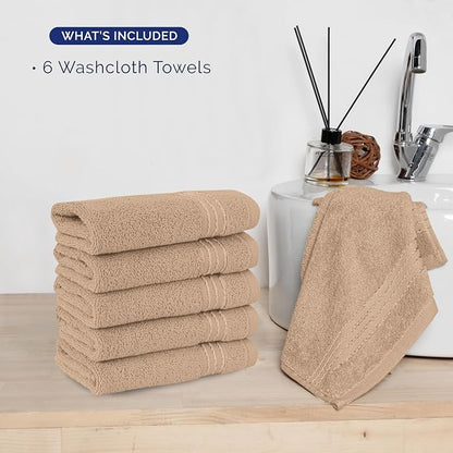 Elegant Comfort Premium Turkish Cotton 6 Pack Washcloths Set - 13 x 13 inch, Luxurious Hotel Spa Quality 100% Turkish Cotton 6PC Washcloth Set - Highly Absorbent - Soft Bathroom Towels, Taupe