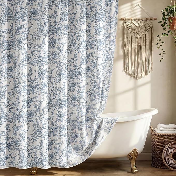 Farmhouse Blue Floral Shower Curtain with 12 Clear Rings 72"W x 84"L | Boho Fabric Shower Curtain Set, Vintage Cottagecore Shower Curtain for Bathroom