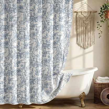 Farmhouse Blue Floral Shower Curtain with 12 Clear Rings 72"W x 72"L | Boho Fabric Shower Curtain Set, Vintage Cottagecore Shower Curtain for Bathroom