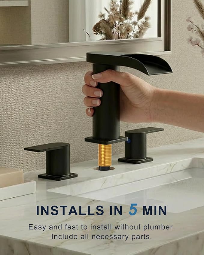 Matte Black 8 Inch Widespread Bathroom Faucet 3 Hole, Waterfall Sink Faucet with Drain, Modern Aesthetic for Bathroom Upgrade & Renovation, Splash-Free Design, Stain-Resistant Finish
