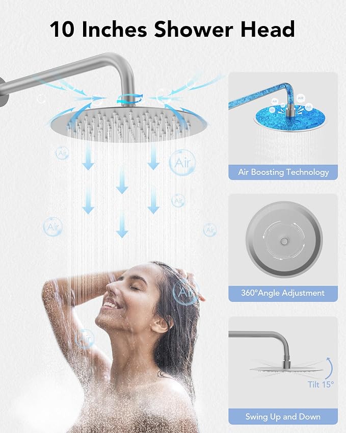 10" High-Pressure Rainfall Shower System with Handheld Spray, Wall Mount Bathroom Shower Faucet Set (Brushed Nickel)