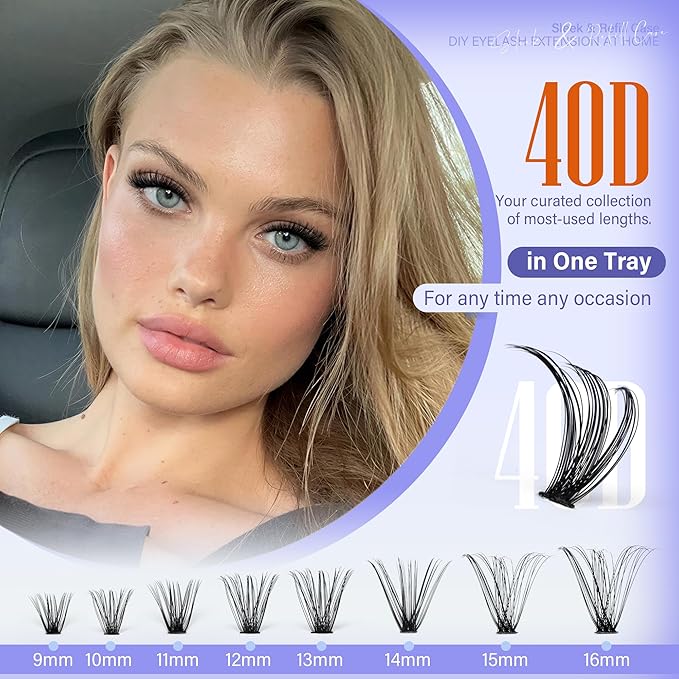 Lash Clusters 200pcs Individual Lashes 40D Cluster Eyelash Extensions 9-16mm Eyelash Clusters Lash Extensions for Self Application (40D, 0.07D, 9-16mm)