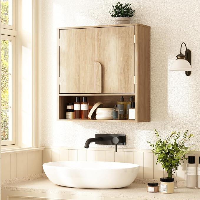 RUSTOWN Wall Mounted Bathroom Cabinets with Rounded Edges & Curved Handles | Adjustable Shelf, 3-Tier Over The Toilet Storage Cabinets, Modern Medicine Cabinet for Laundry Kitchen Living Room