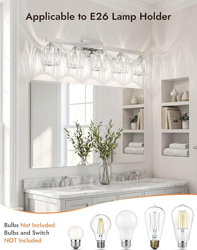 VOLISUN Crystal Vanity Lights for Bathroom, 5 Light Bathroom Vanity Light, Modern Stainless Steel Bathrooms Lights Over Mirror, Chrome Bathrooms Lights Fixtures-UL Certificated(Exclude Bulb)