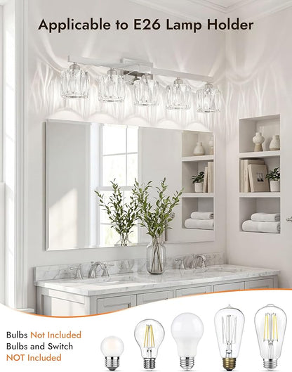 VOLISUN Crystal Vanity Lights for Bathroom, 5 Light Bathroom Vanity Light, Modern Stainless Steel Bathrooms Lights Over Mirror, Chrome Bathrooms Lights Fixtures-UL Certificated(Exclude Bulb)